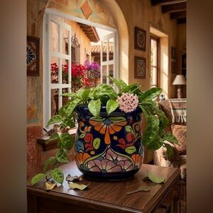 Mexican Talavera Planter - Hand Painted Cobalt Blue Floral Ceramic Pot